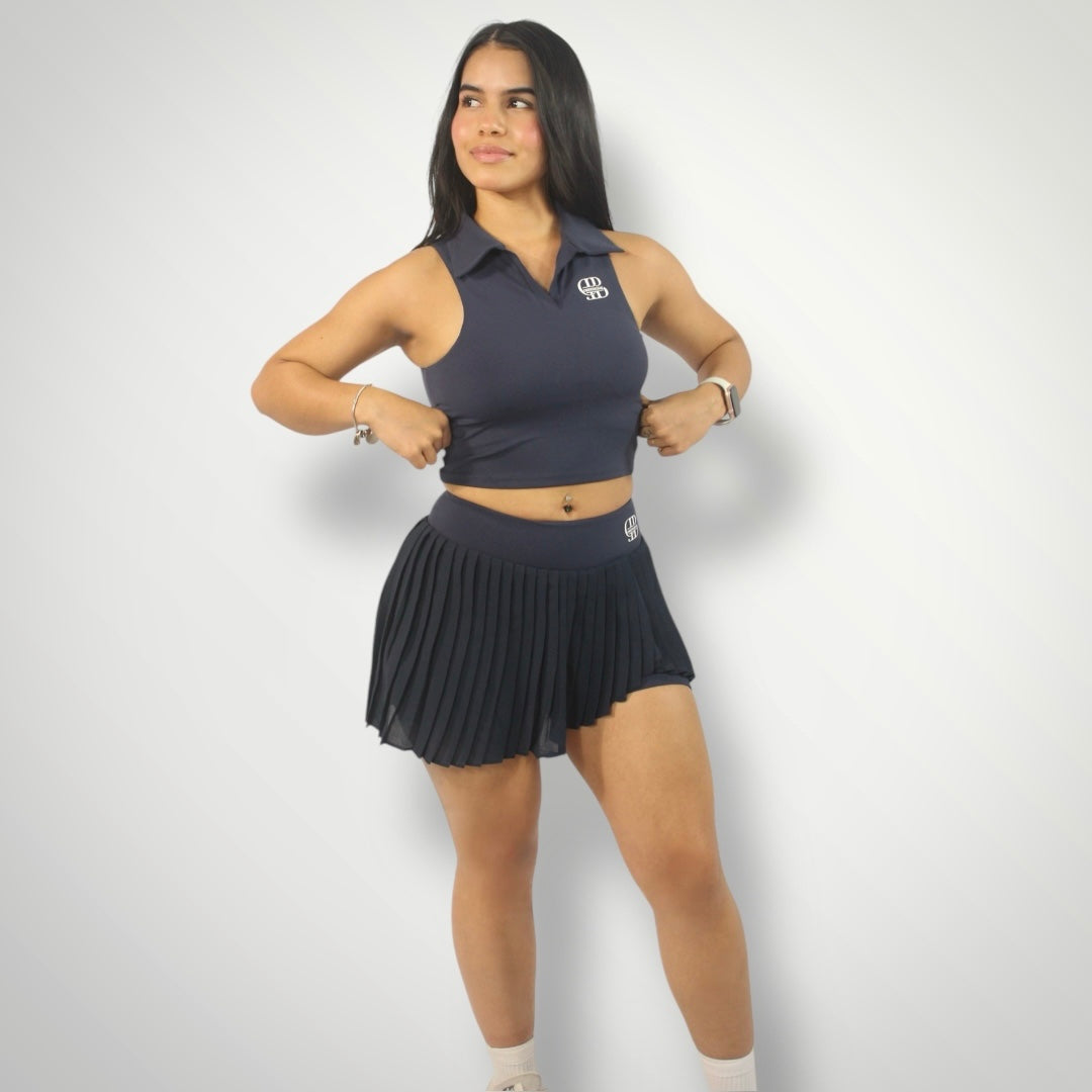 Casual Golf Set/Tennis Wear Skirt, neck fitted crop top w/inner shorts active wear